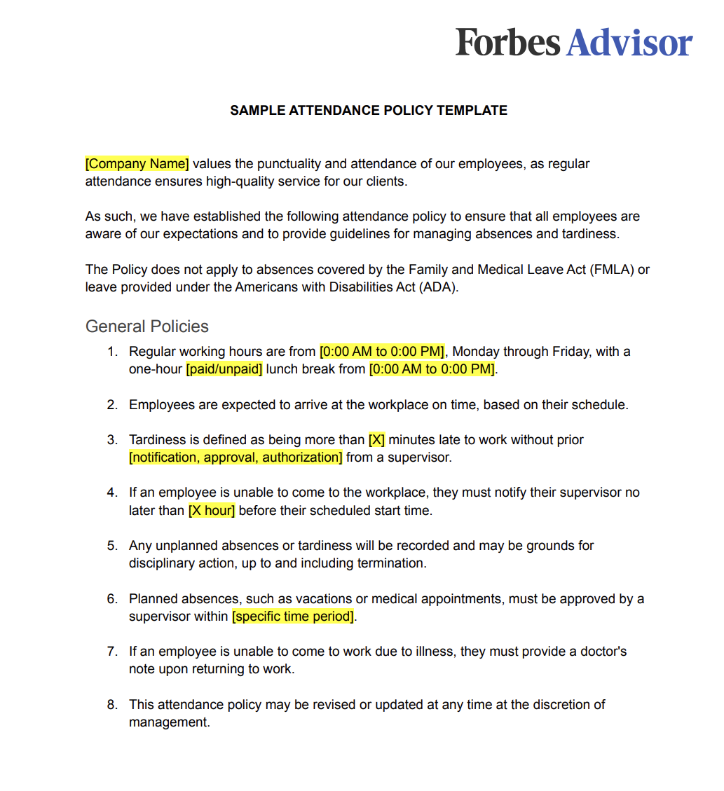 Employee Attendance Policy Template: Sample Employee Attendance Policy Template by Forbes.com