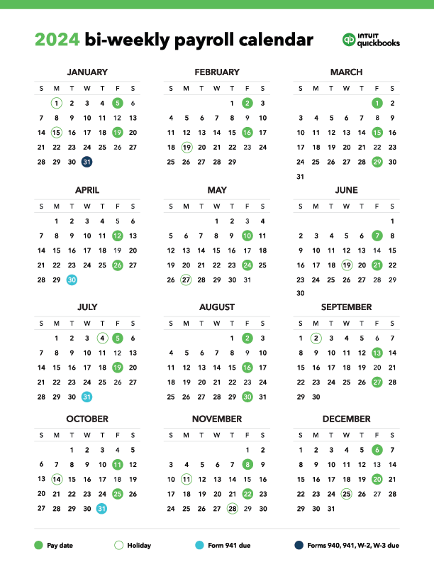 Modelli di calendario delle buste paga: Excel Modello di calendario delle buste paga bisettimanale di Quickbooks