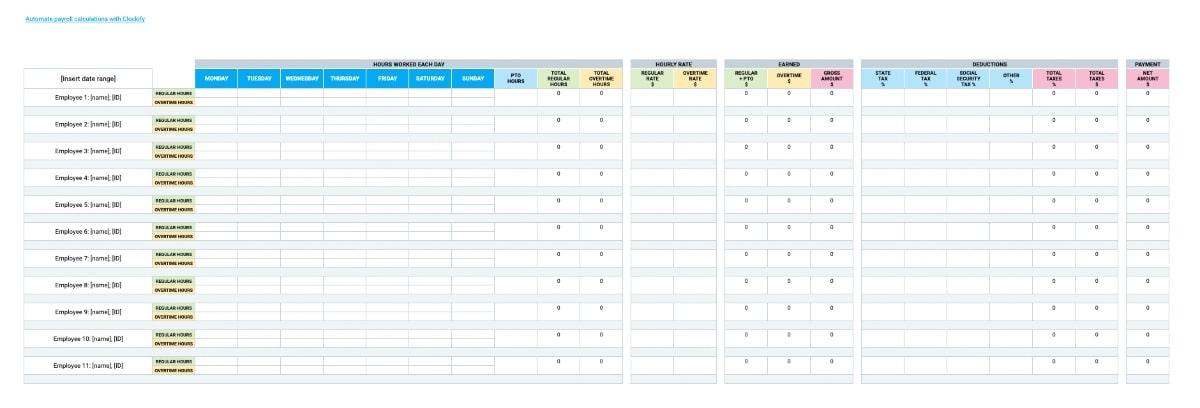 Modelli di calendario delle buste paga: Fogli Google Modello di busta paga settimanale con straordinari e ferie di Clockify