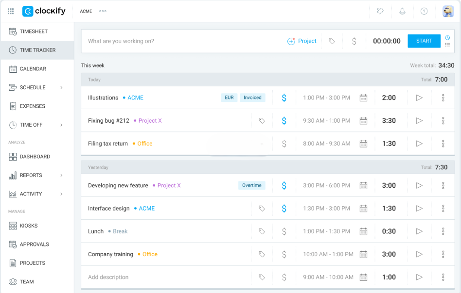 Clockify: Best for free time-tracking with basic reporting
