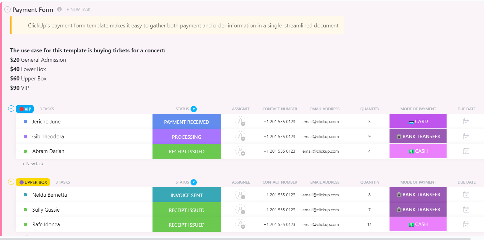 Modelli di calendario delle buste paga: modello di modulo di pagamento di ClickUp