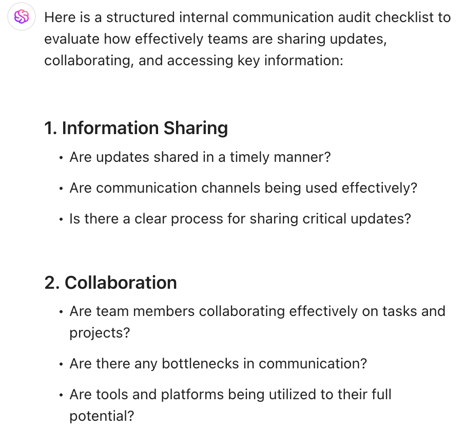 Digital Communication Tools in the Workplace: An internal communication audit checklist example created by ClickUp Brain