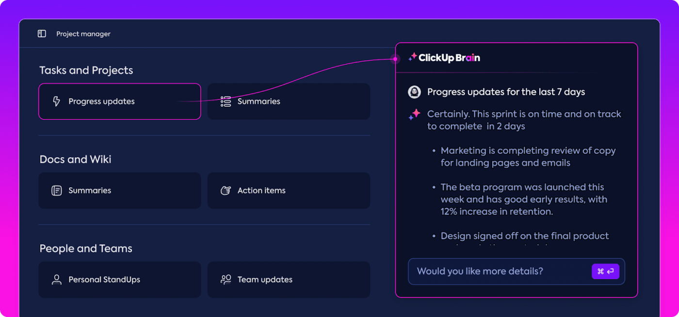impostos de IA: automatize resumos e atualizações de projetos com o ClickUp Brain