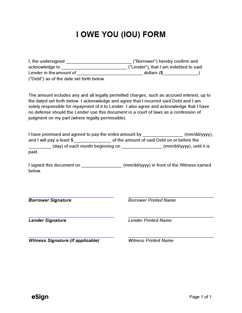 IOU Template by eSign: IOU Template