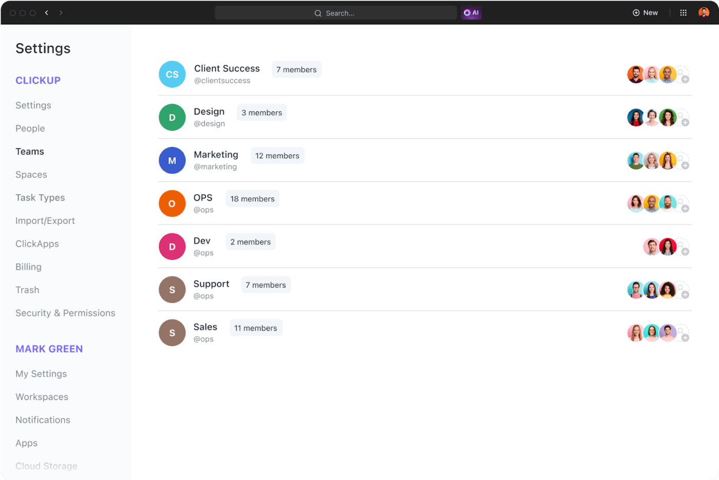 Create separate teams for different tasks of a project with ClickUp Teams