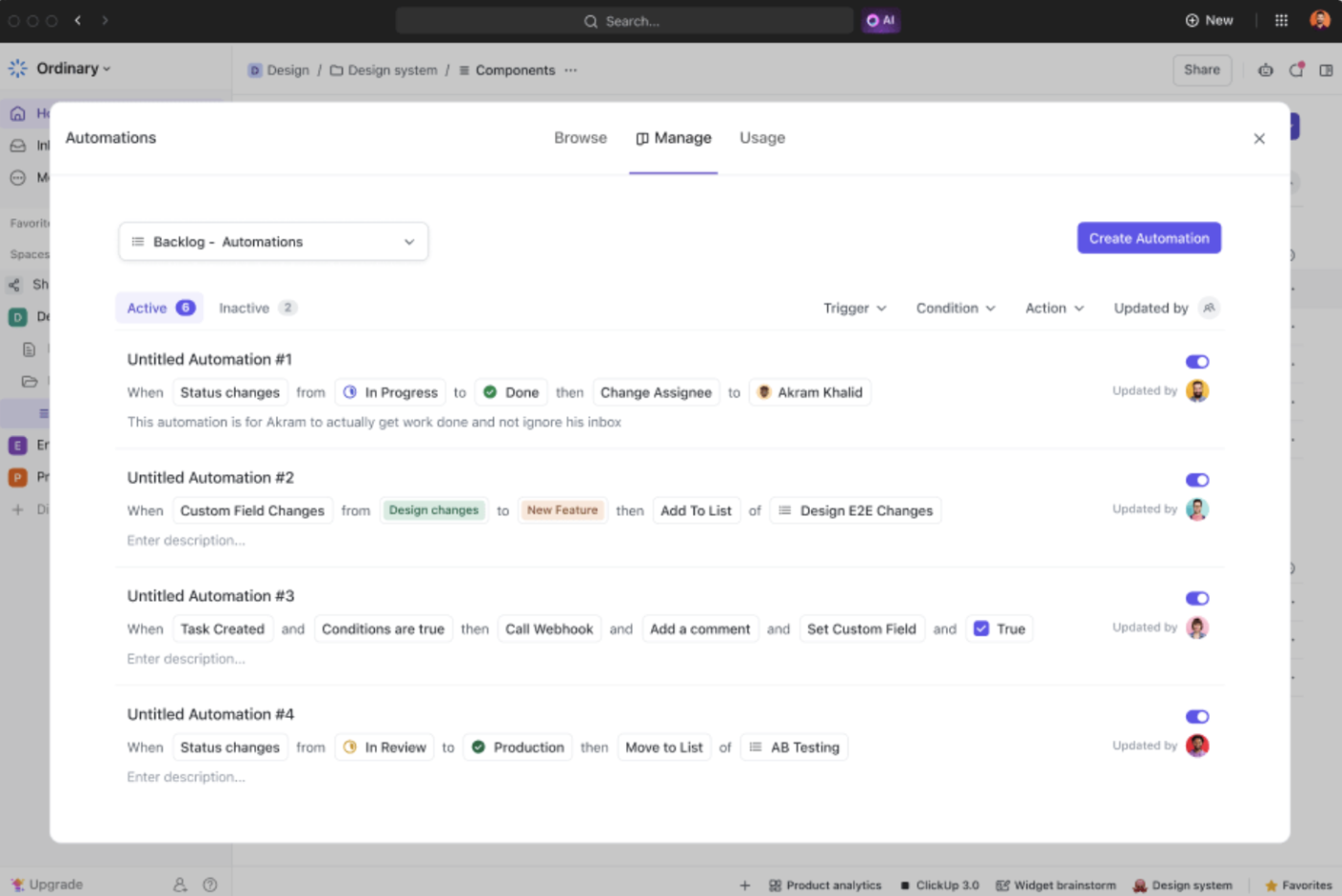 ClickUp Otomasyonları: iş akışı düzenlemesi
