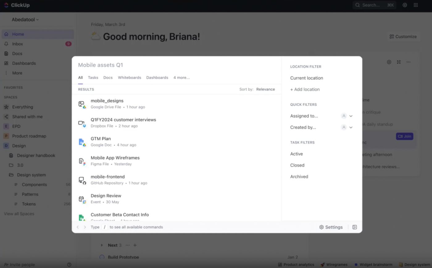 Recherche connectée ClickUp : Glean vs Notion