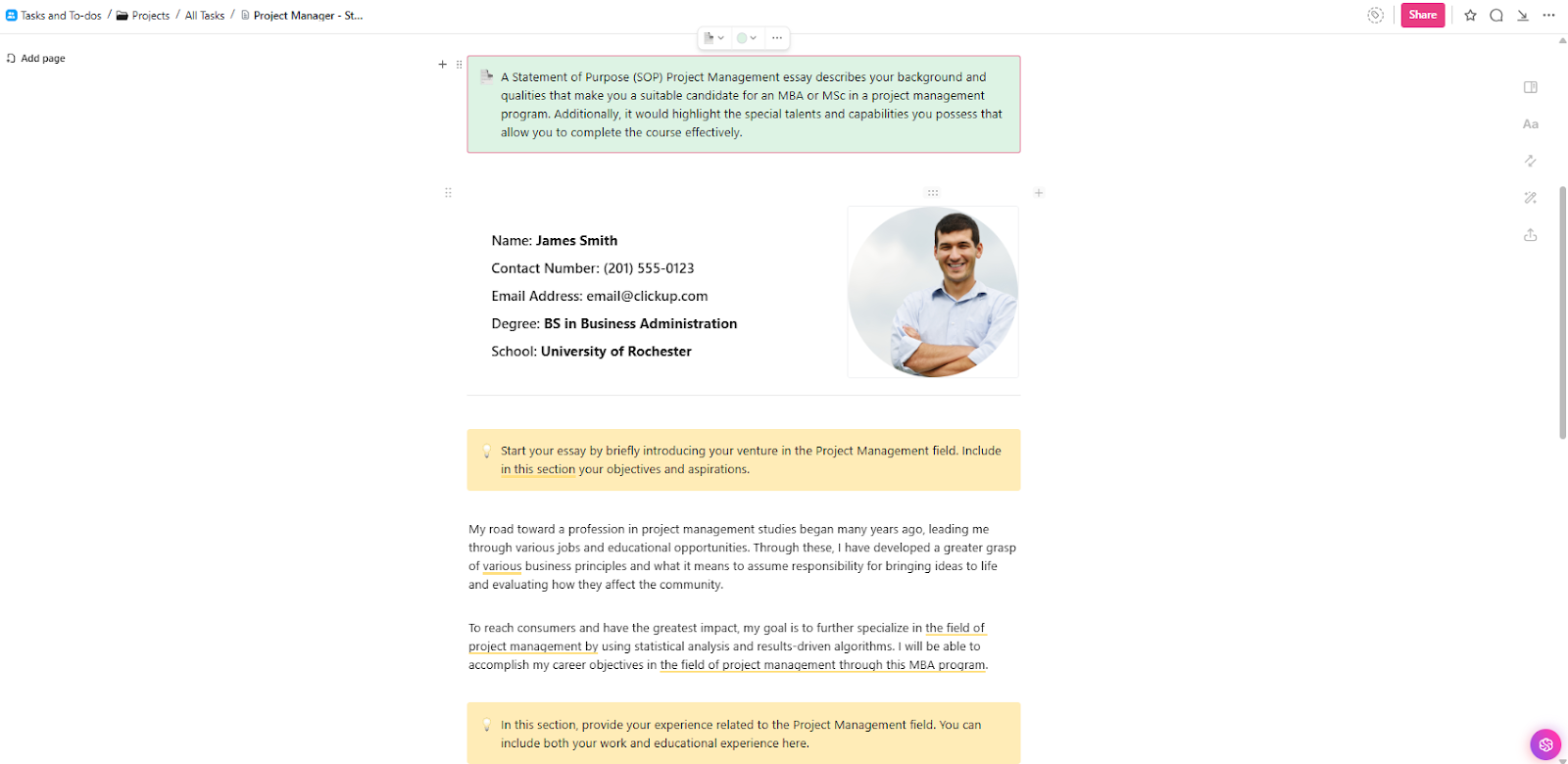 ClickUp Proje Yöneticisi Amaç Beyanı Şablonu