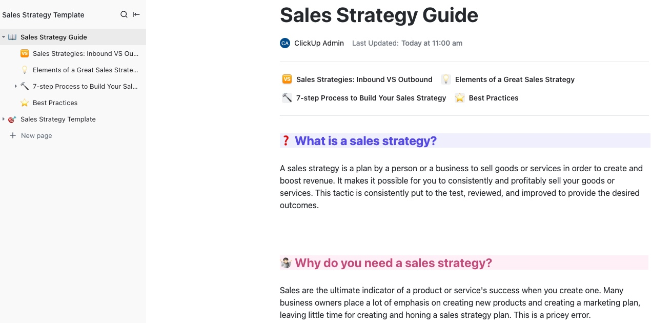 Modèle de guide stratégique pour les équipes commerciales ClickUp