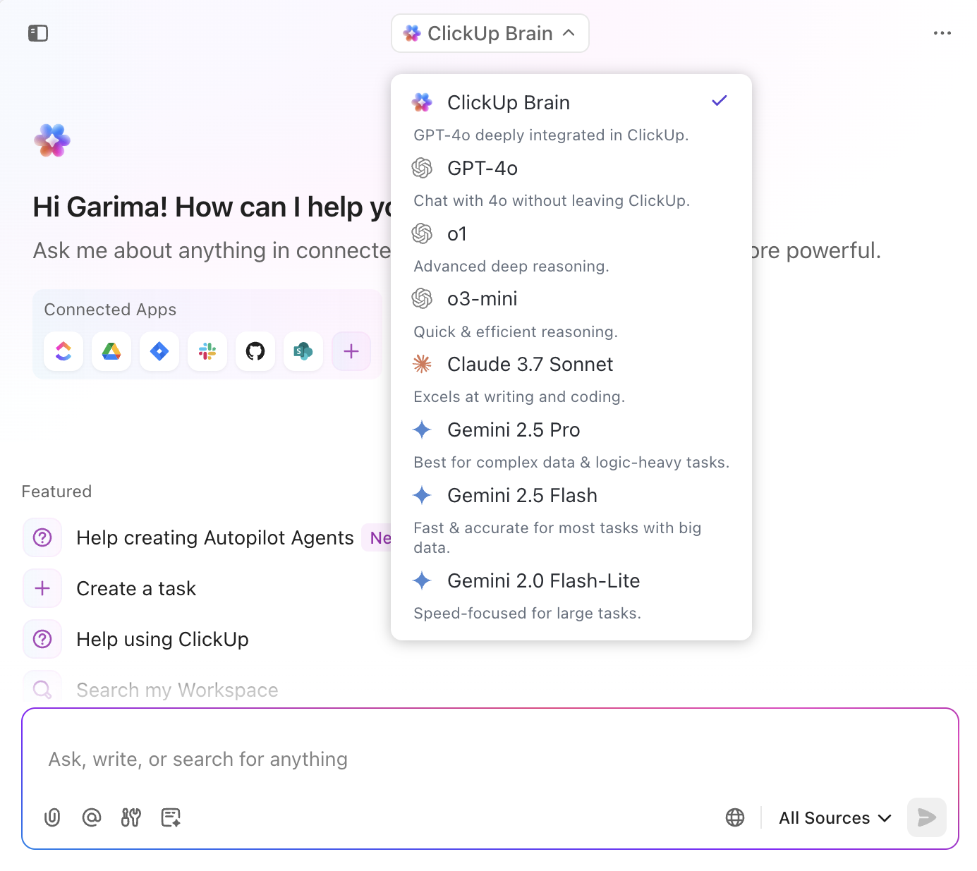 ClickUp Brain içindeki LLMs: Pazarlamada üretken yapay zeka