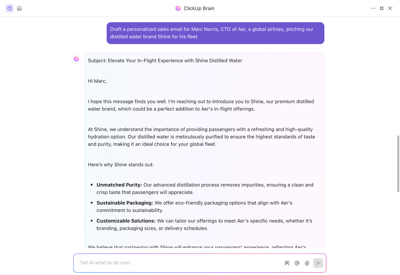 email bán hàng qua ClickUp Brain_AI tạo ra nội dung cho bán hàng