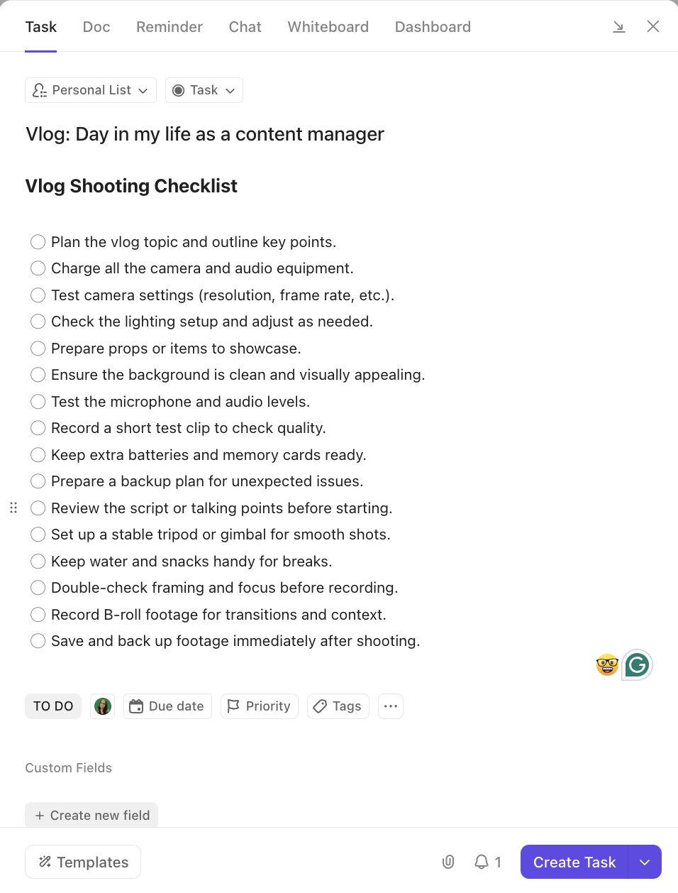 danh sách kiểm tra nhiệm vụ trong ClickUp: cách tạo vlog