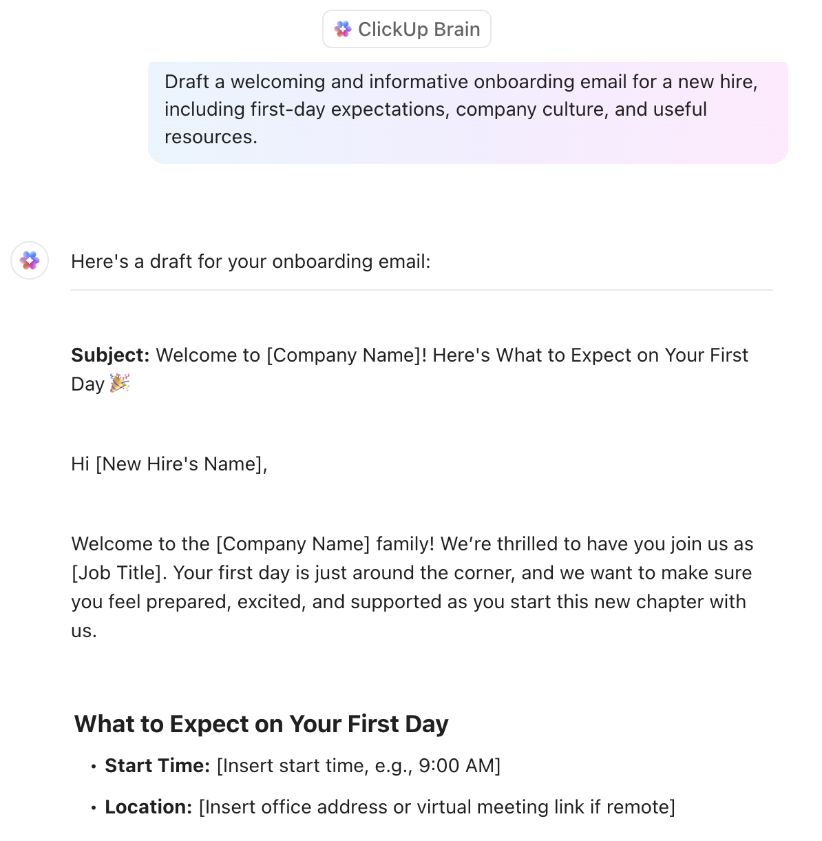 ClickUp Brain to manage employee onboarding