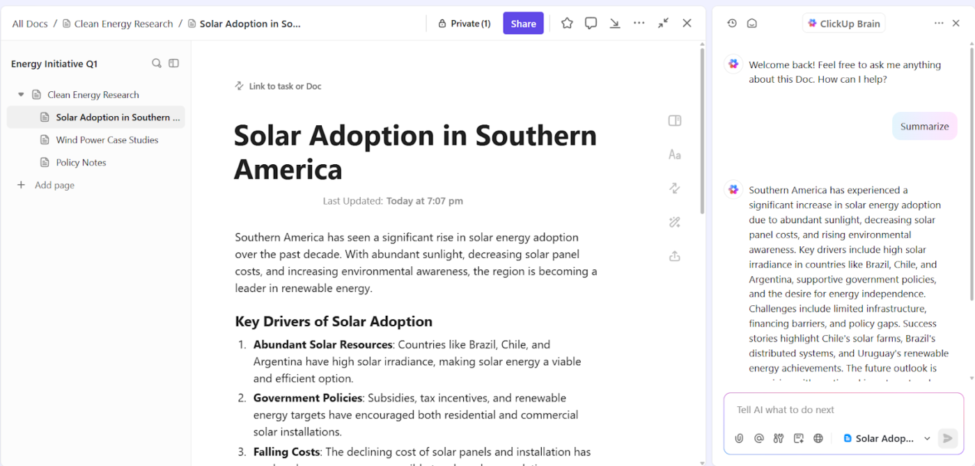 ClickUp Brain: Best Roam Research alternative with AI-powered summaries for just text