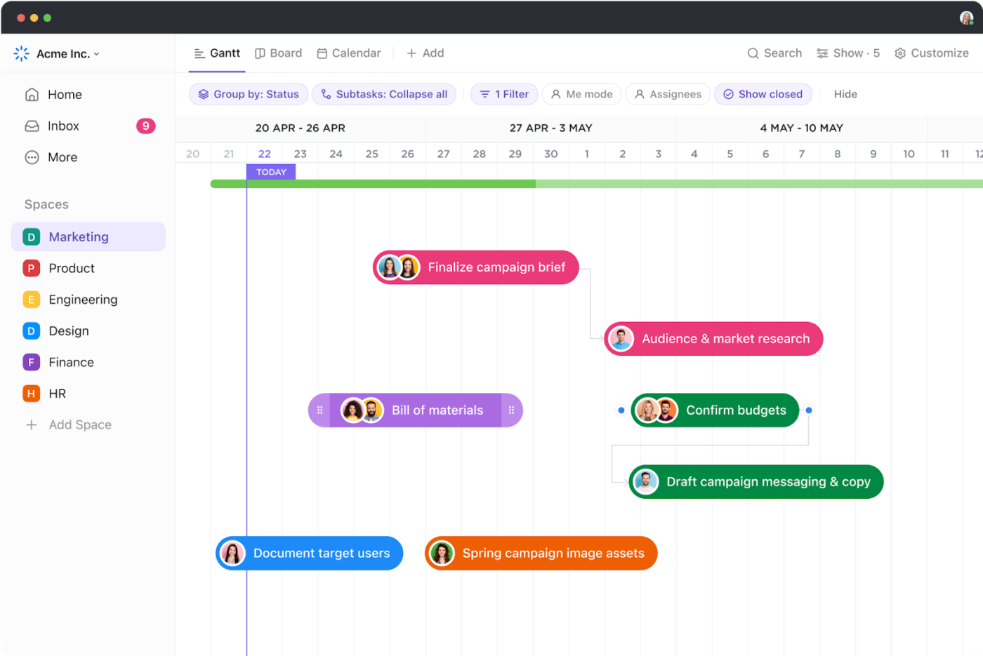 Visualização Gantt do ClickUp