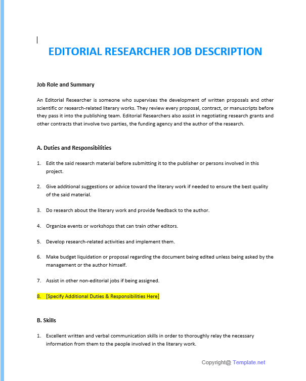 Editorial Researcher Job Ad Template: Job Description Template Google Docs