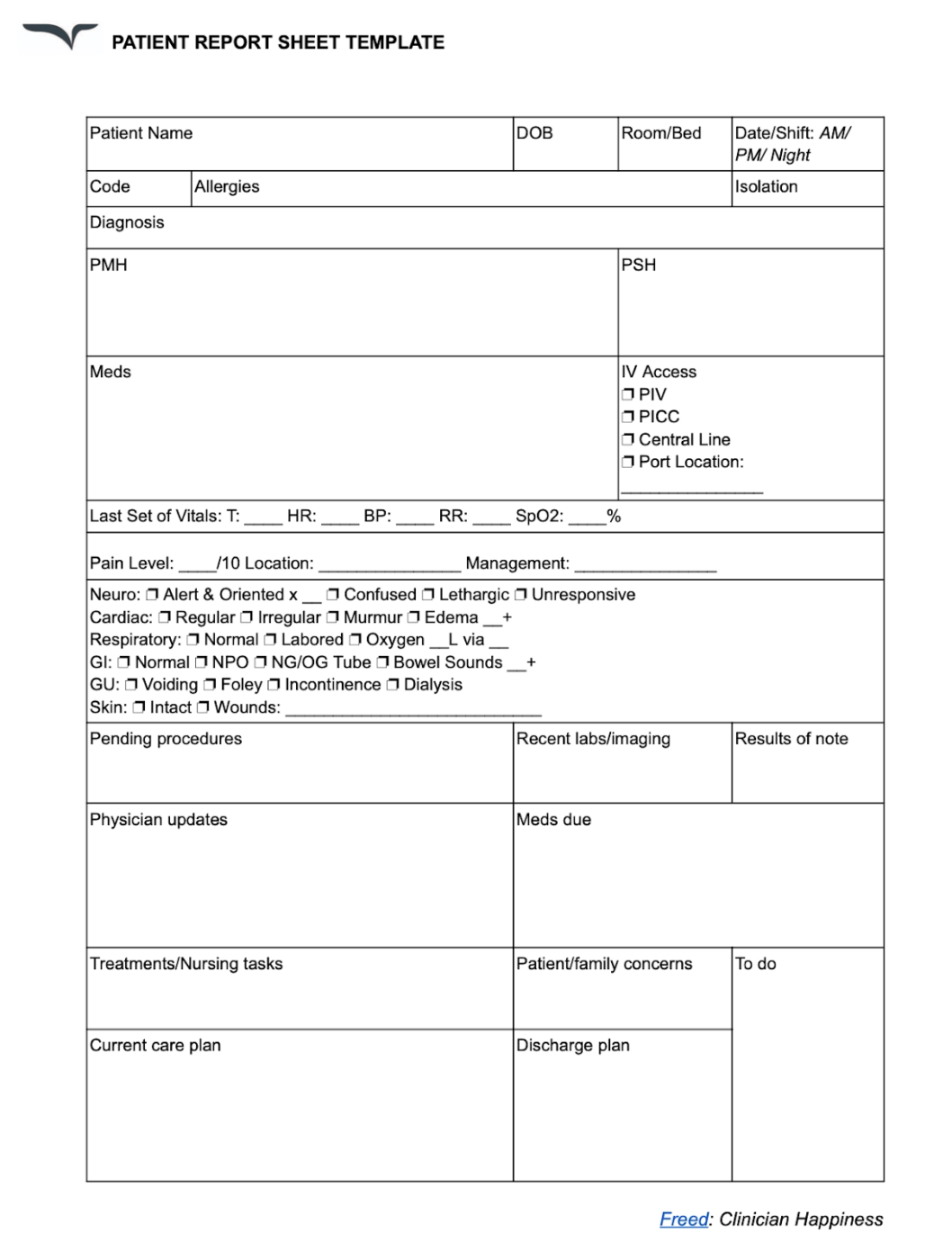 Modello di foglio di report infermieristico