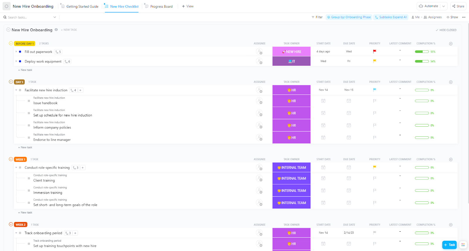 Provide structured checklists for onboarding with the ClickUp New Hire Onboarding Template