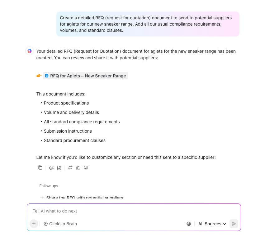 ClickUp Brain for generative AI in procurement