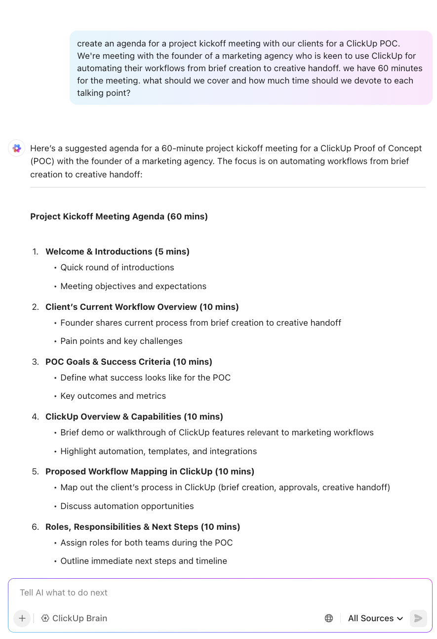 Create a meeting agenda for your project kickoff meeting using ClickUp Brain's AI assistance