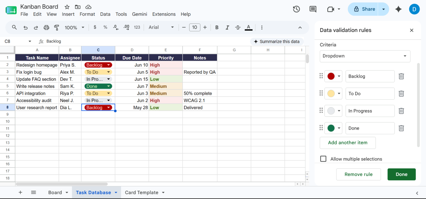 Add Data Validation to the Status dropdown in your Google Sheet