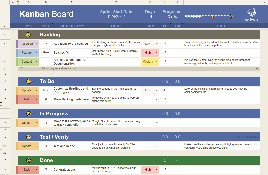 Kanban board template for agile teams by Vertex42
