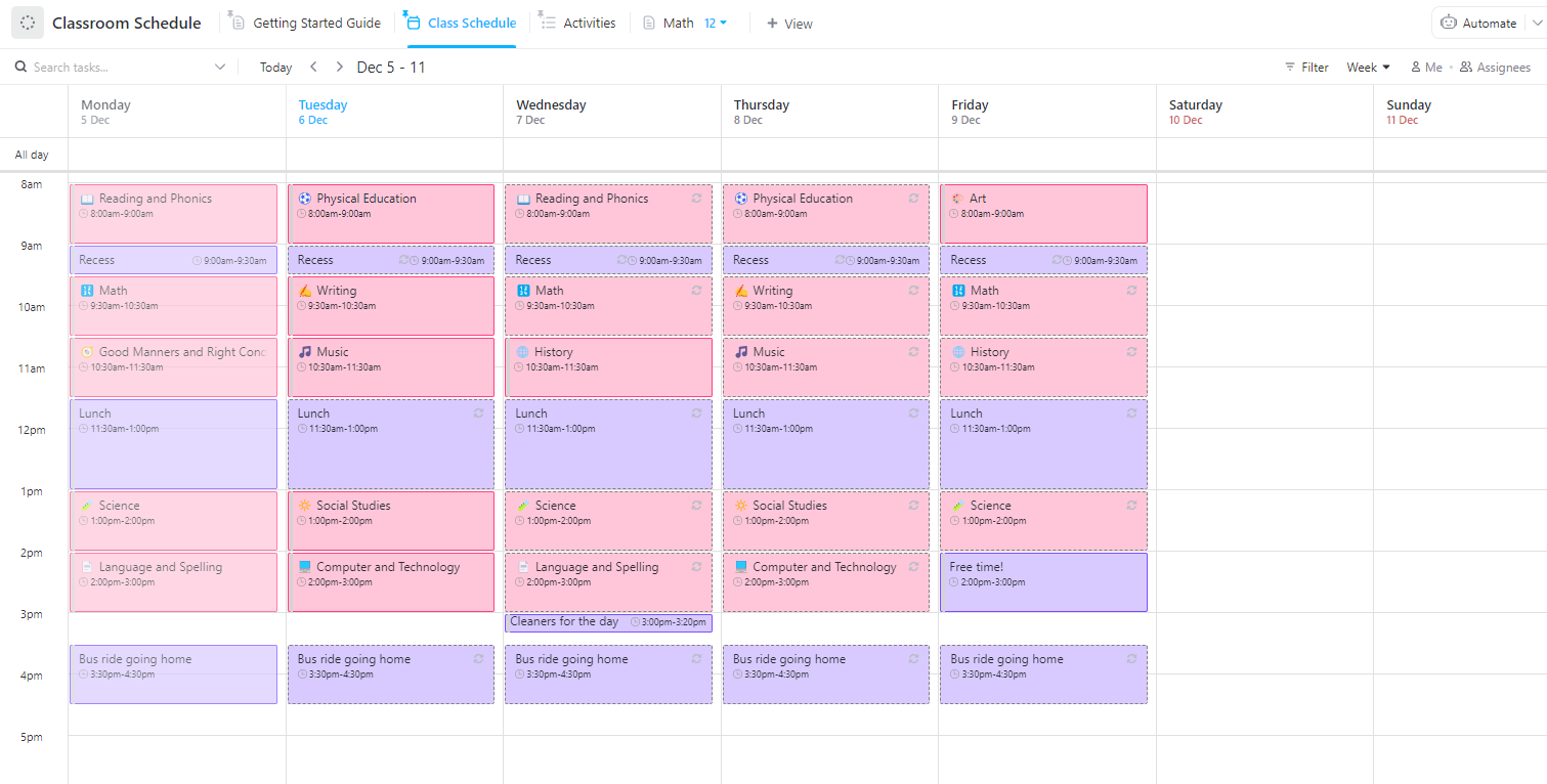 Plantilla de horario para el aula de ClickUp Plantilla de horario para la enseñanza