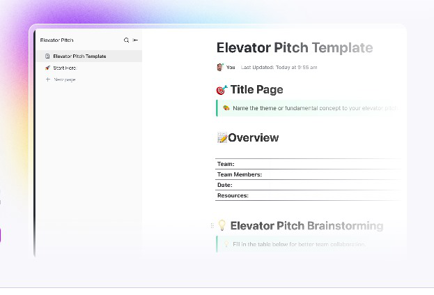 ClickUp Elevator Pitch template