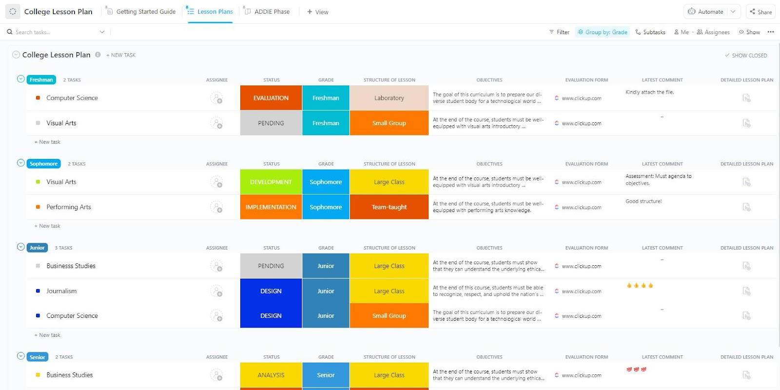 Plantilla de plan de clases universitarias de ClickUp