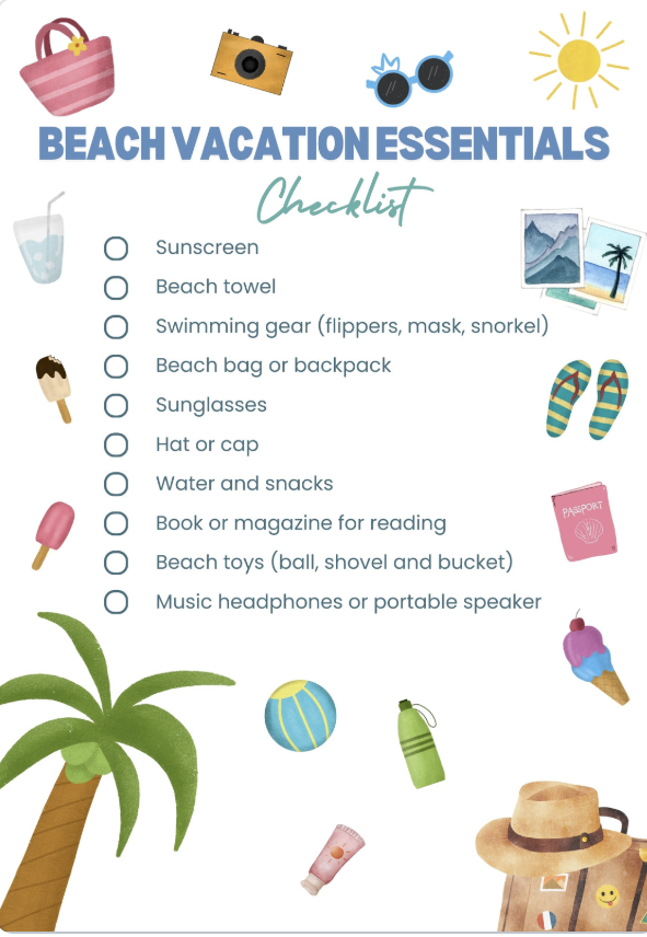 Canva Green and Blue Beach Travel Essentials Checklist Template