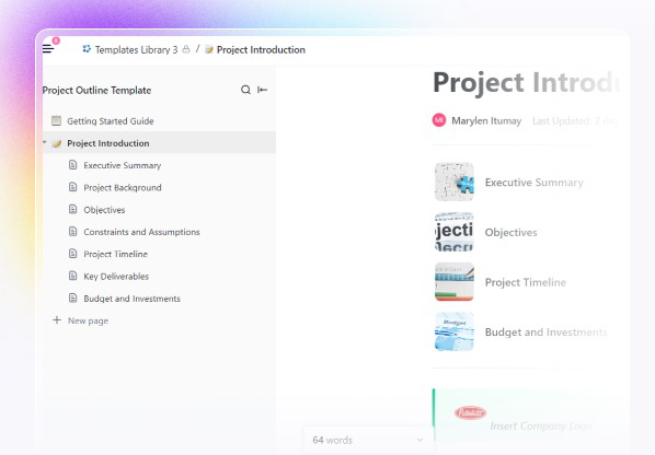 ClickUp Project Outline template :  Presentation Outline Template