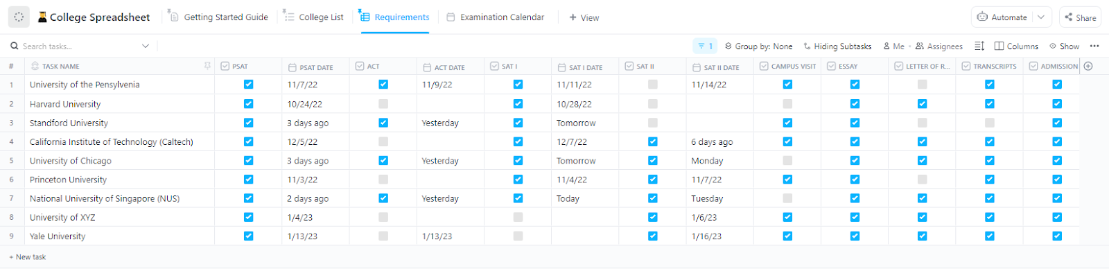 Mẫu bảng tính ClickUp College: Mẫu theo dõi bài tập