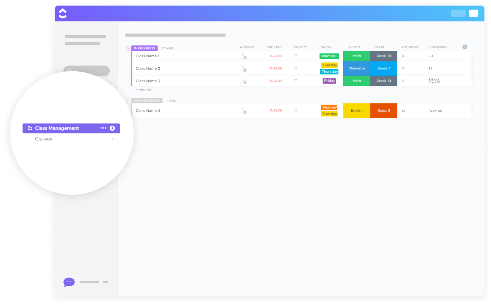 Plantilla de gestión de clases de ClickUp: Plantilla de horario de clases
