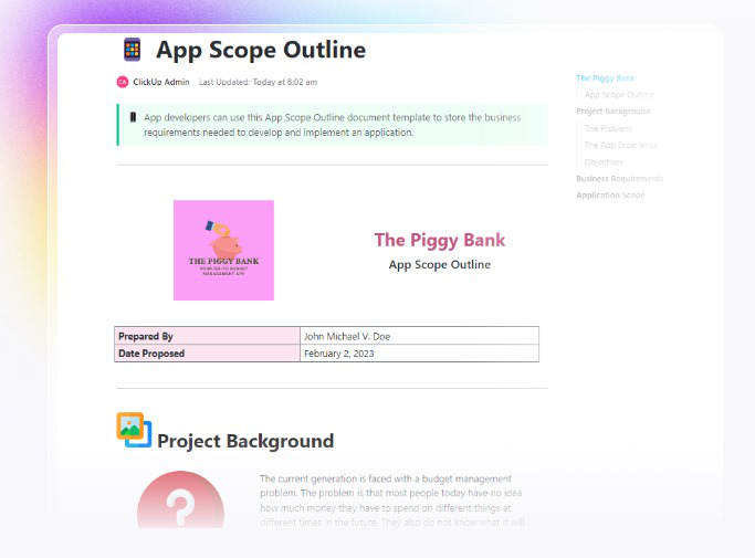 ClickUp App Scope Outline template :  Presentation Outline Template