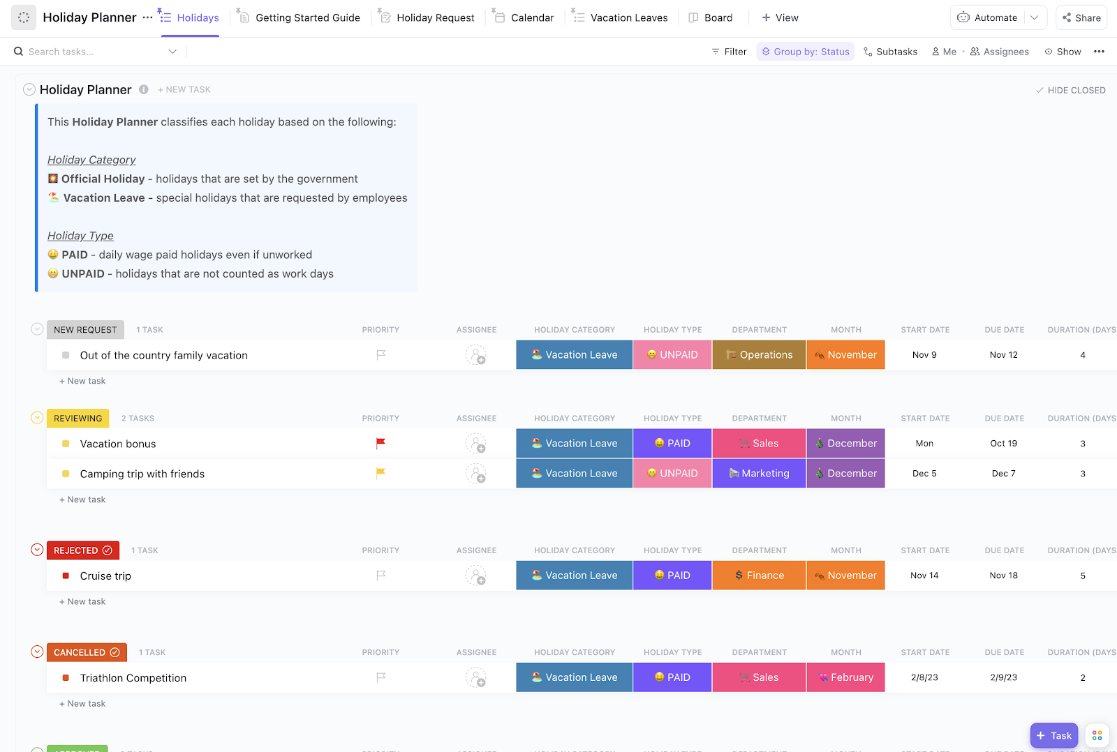 ClickUp Holiday Planner Template: Travel Checklist Template