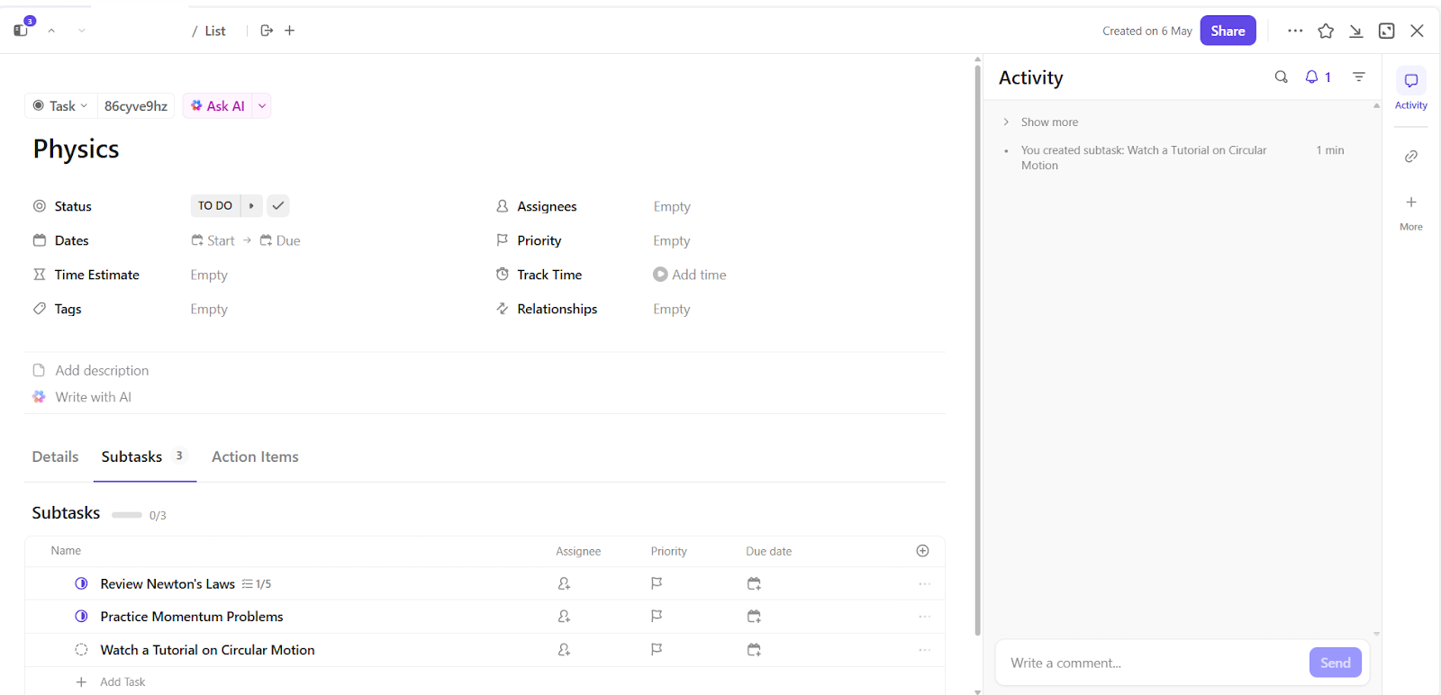 Break study sessions into focused goals using ClickUp Tasks