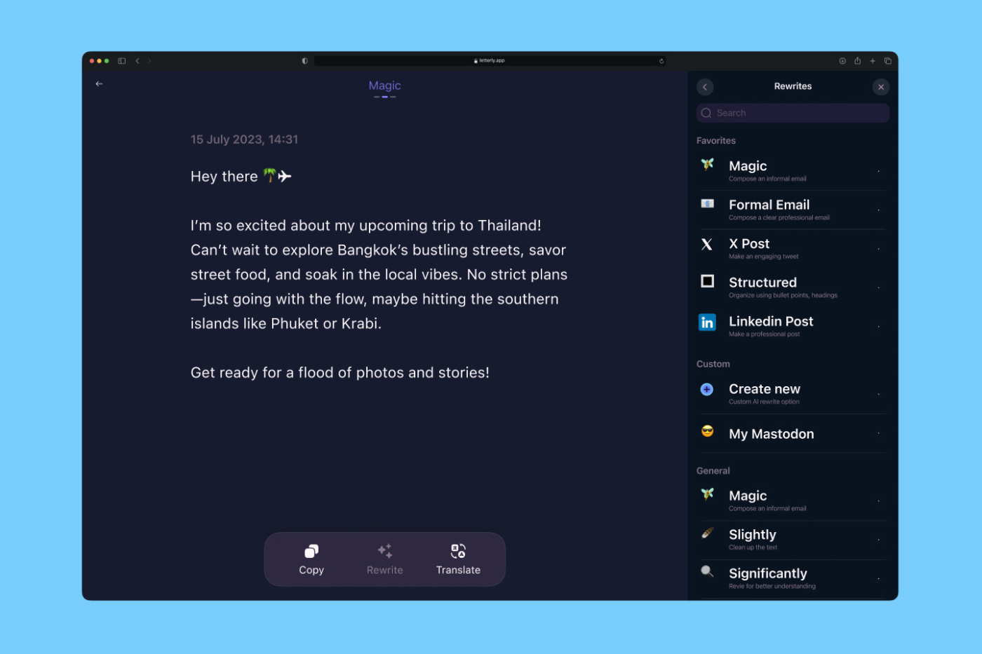 Letterly Dashboard: Dictation.io Alternative