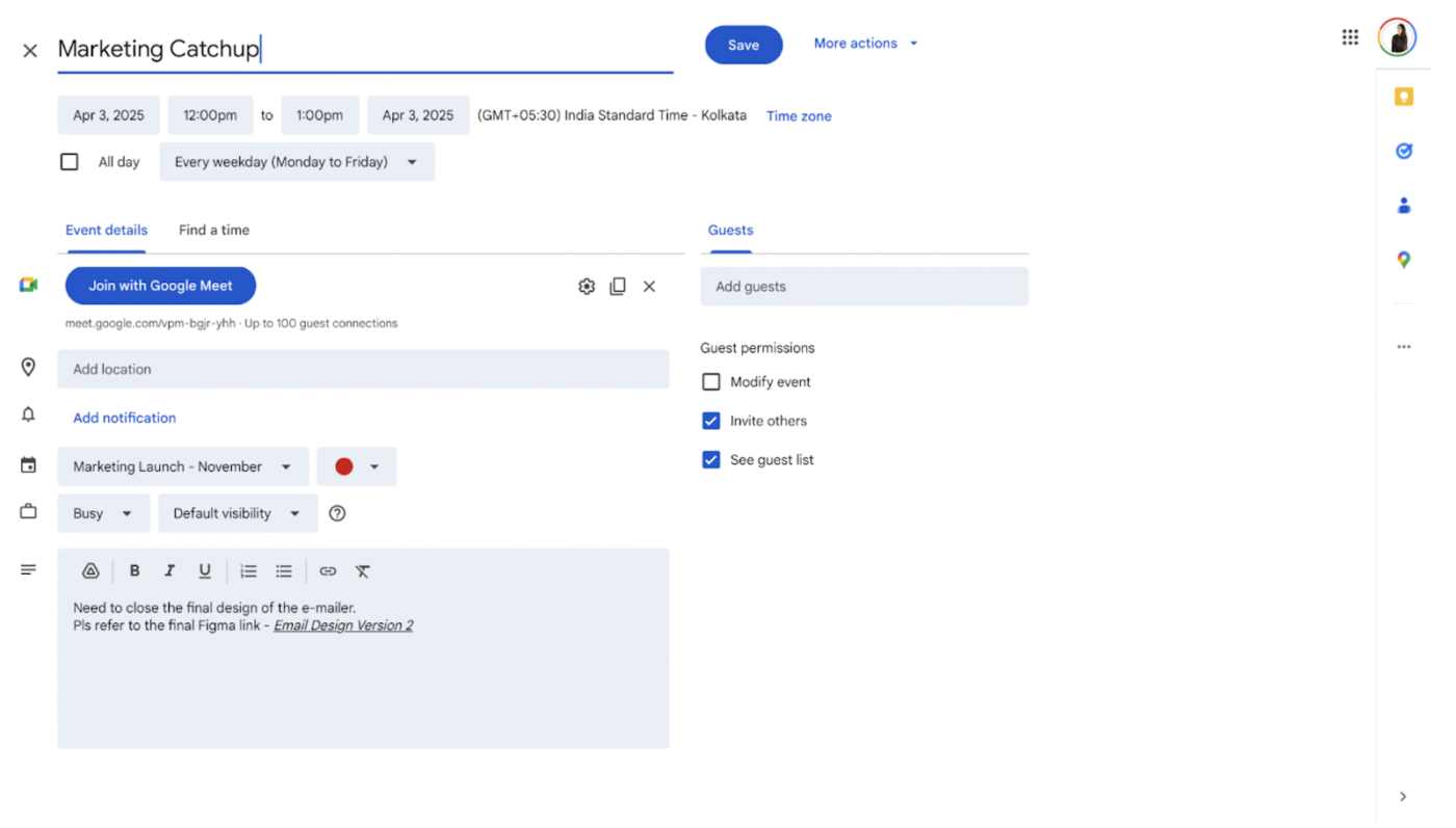 Add task details in the event description