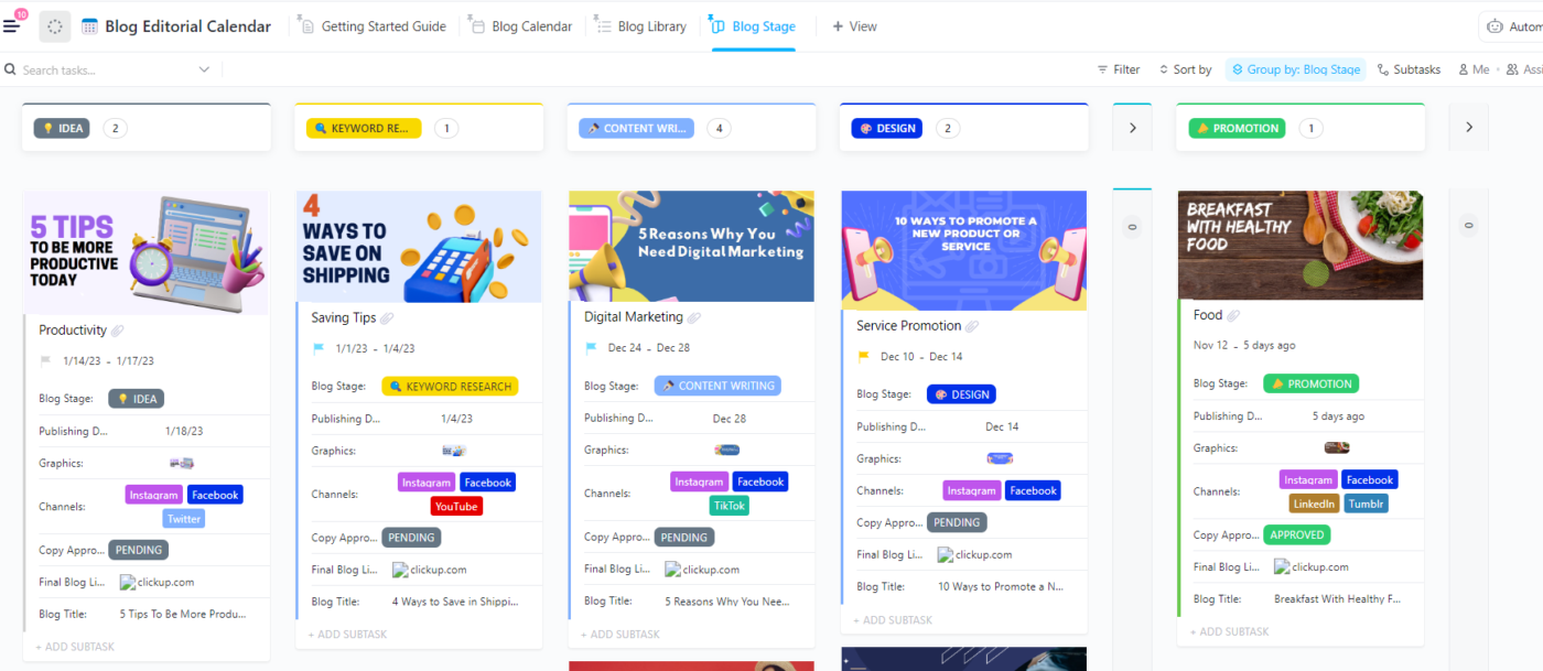 ClickUp Blog Editorial Calendar Template organizing posts by status and publish date