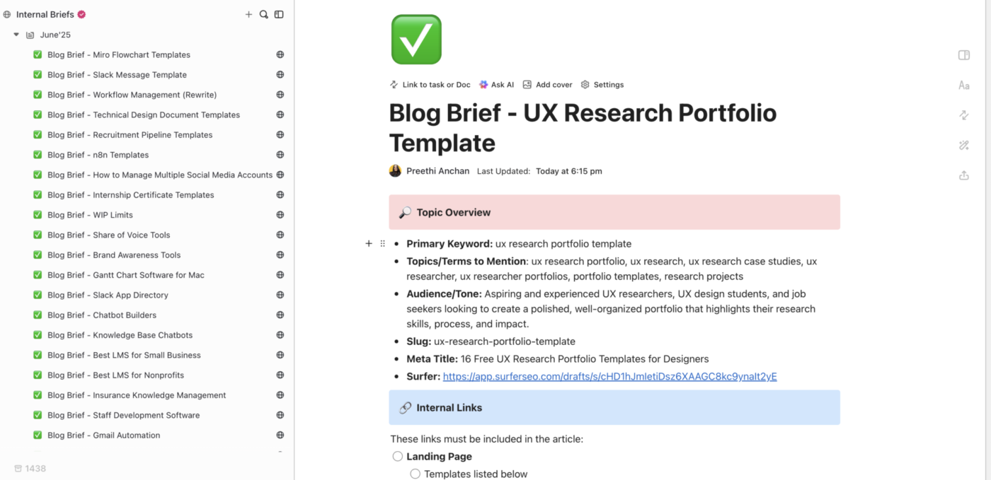Create briefs in ClickUp Docs