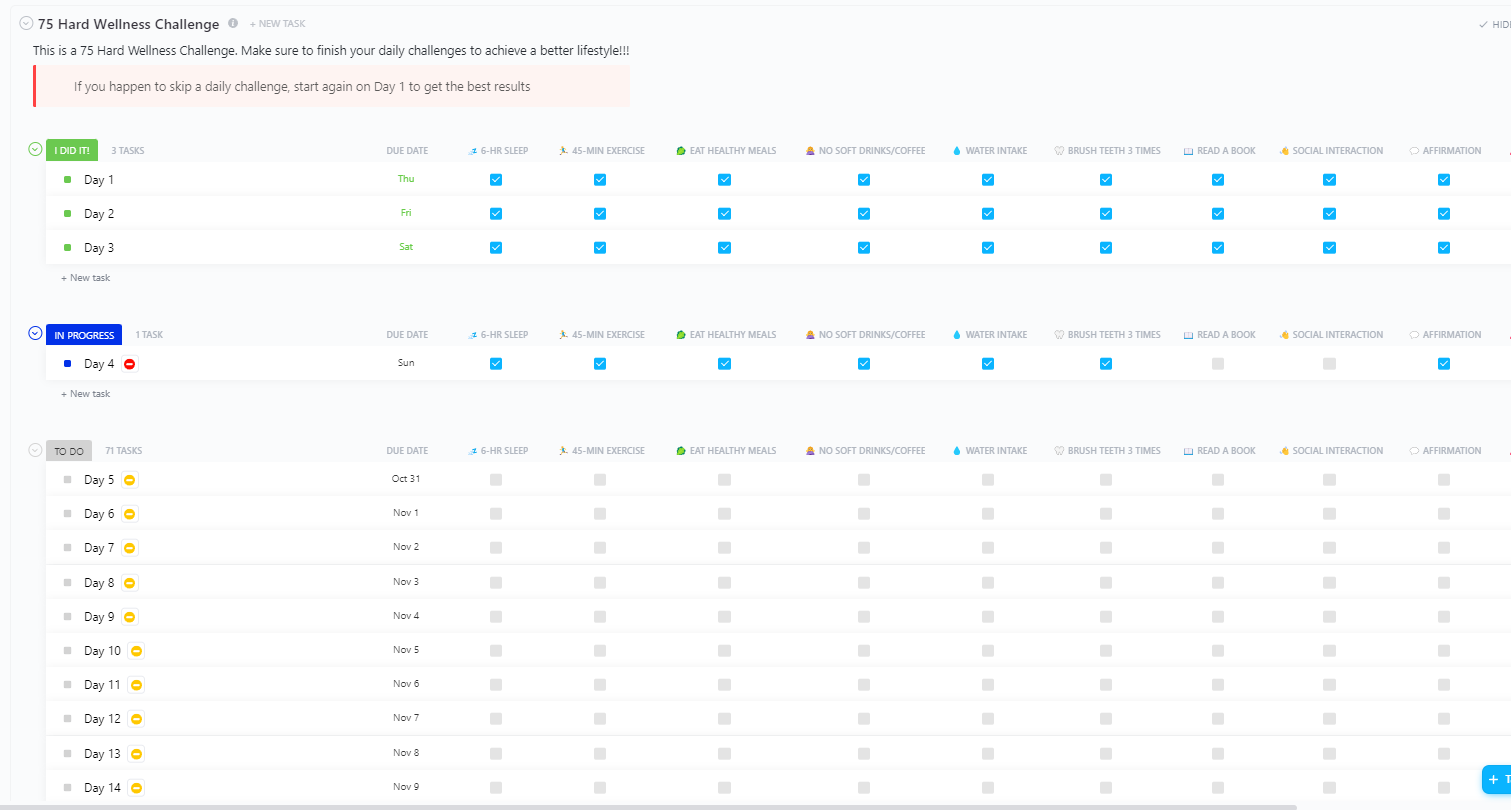 ClickUp 75 Hard Wellness Challenge 