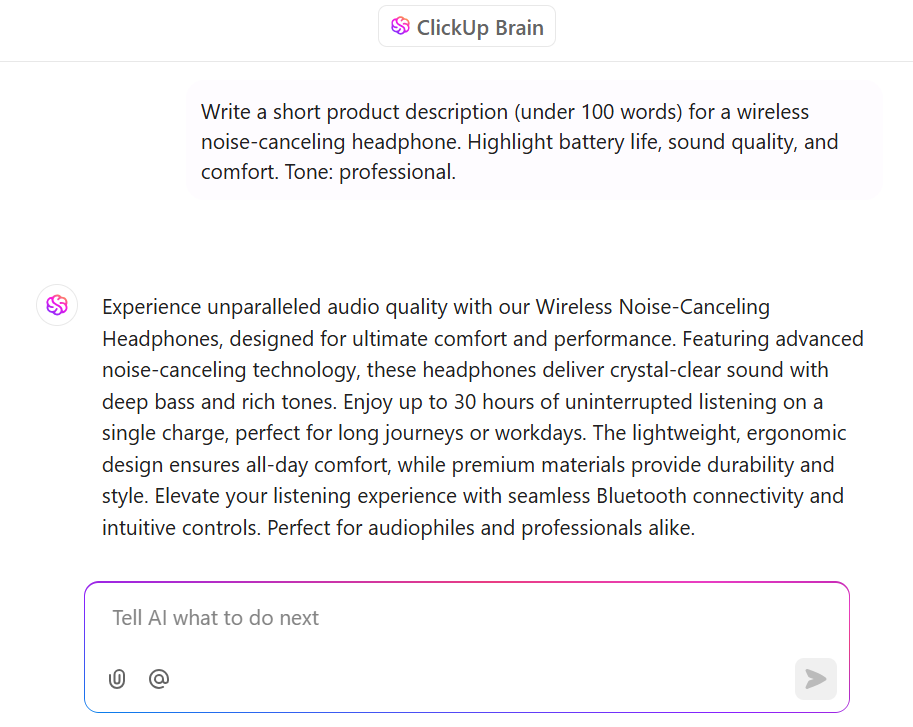 Use ClickUp Brain to write product descriptions of any length