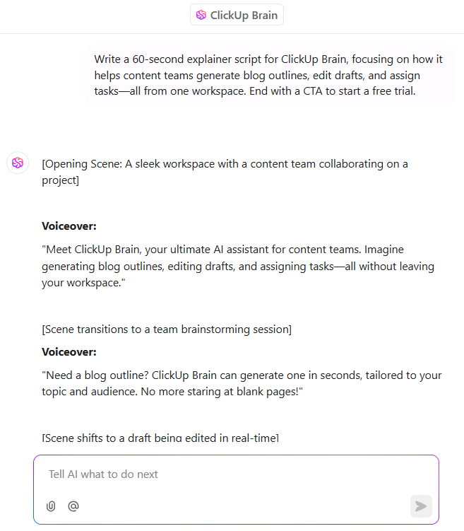 Use ClickUp Brain to draft scripts, small skits, and more video-related content assets