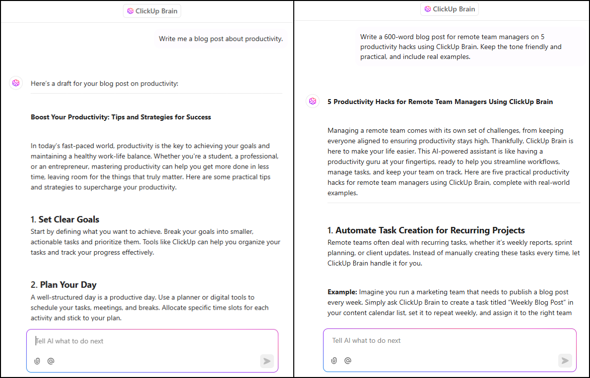 AI Generated Content Examples: Clickup Brain