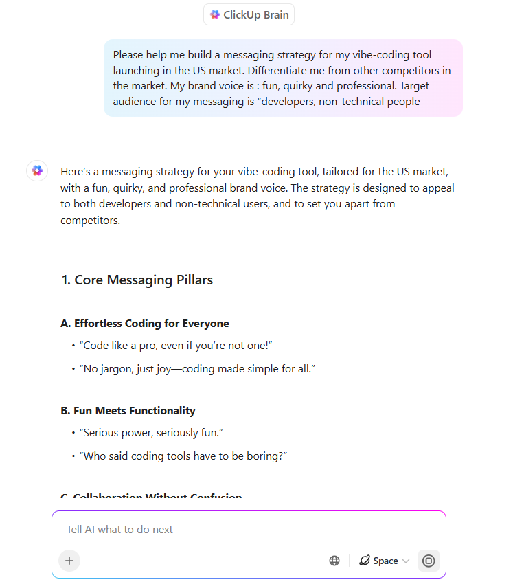 ClickUp Brain: messaging strategy template