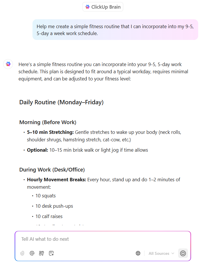 Use ClickUp Brain to generate a simple routine and achieve your fitness goals