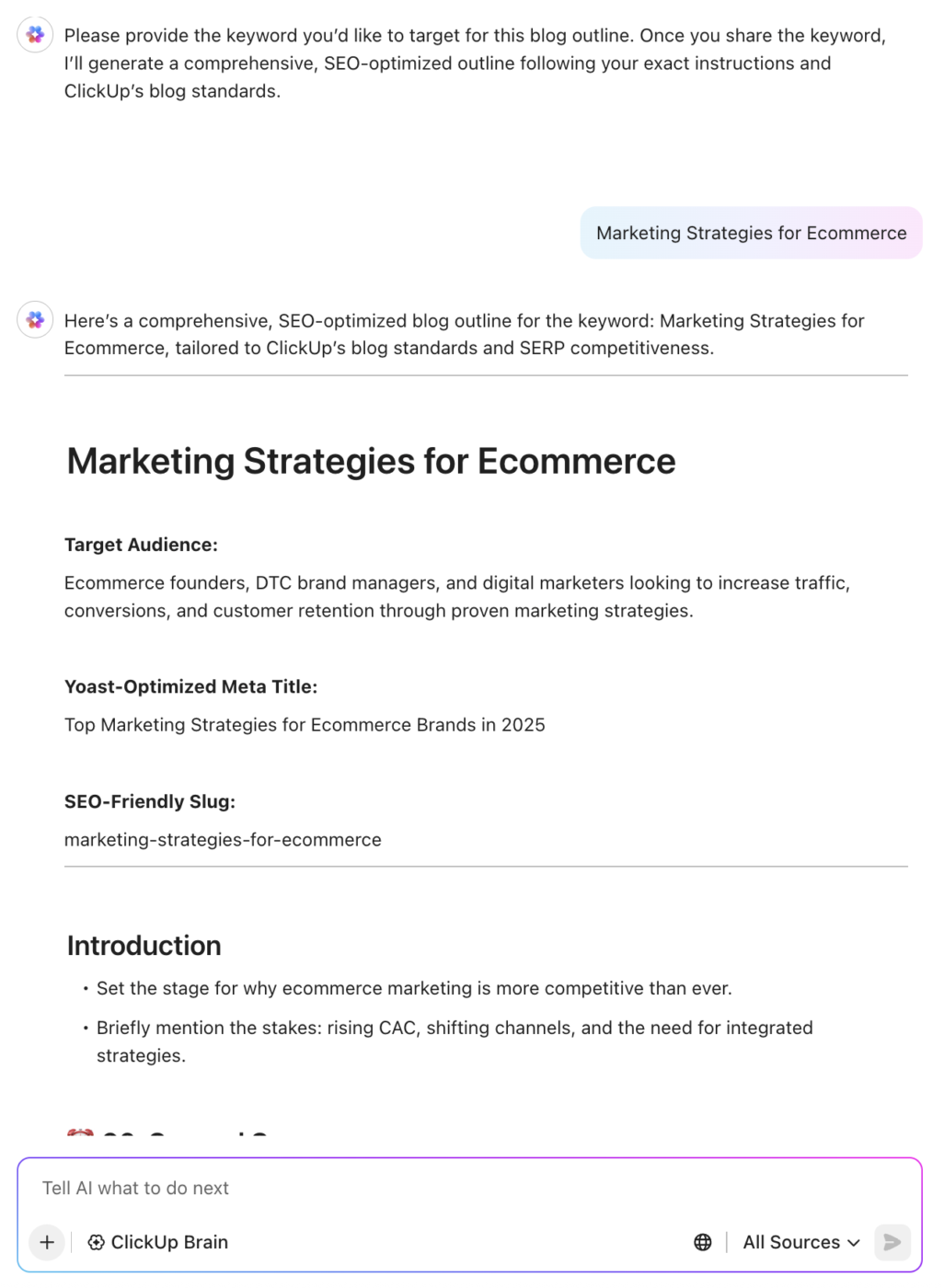 Creating SEO briefs with ClickUp AI