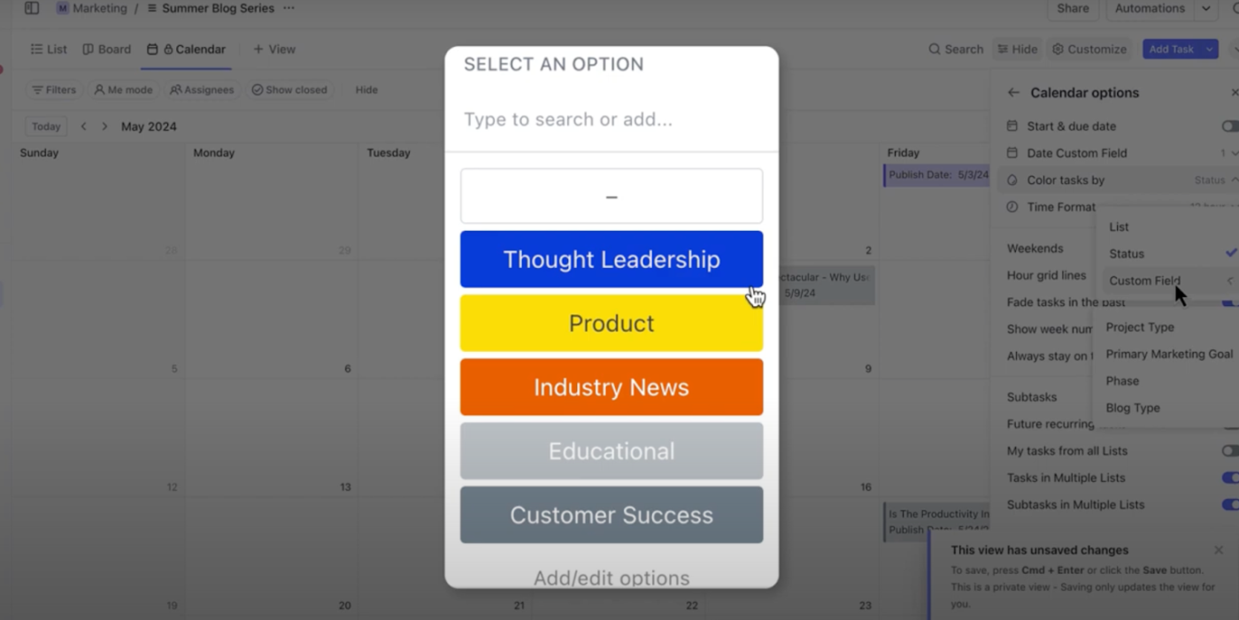 Create custom fields for calendar events and daily tasks: color coded calendar