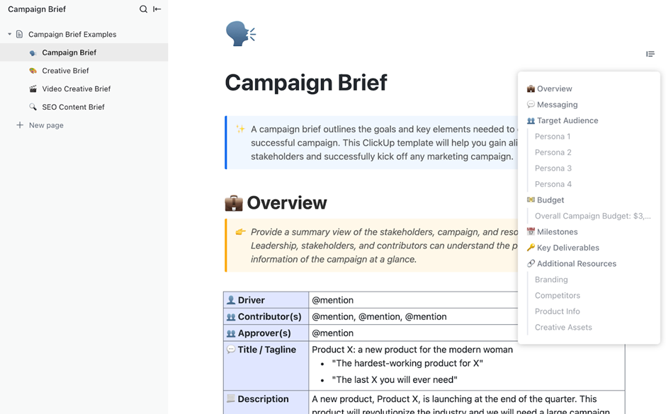 ClickUp Campaign Messaging Brief Template