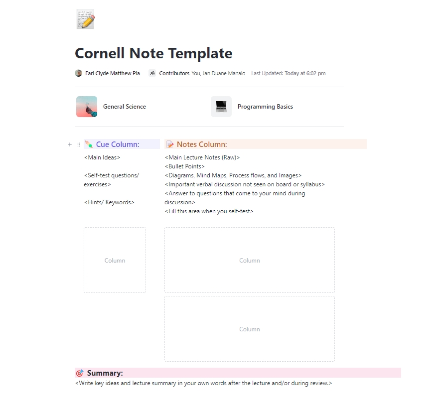 ClickUp Cornell-Notizvorlage